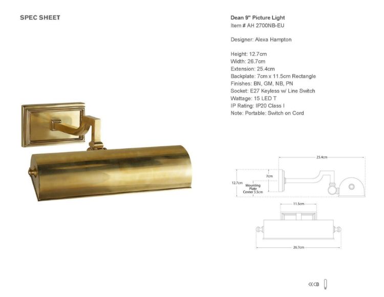 Picture of Dean 9" Picture Light in Natural Brass