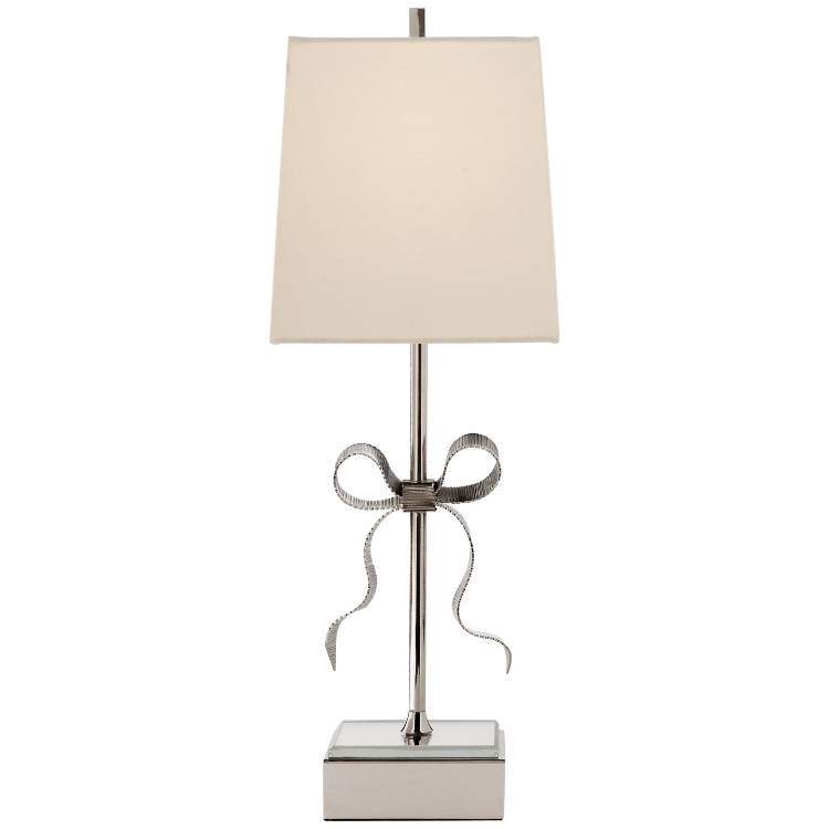 Picture of Ellery Gros-Grain Bow Table Lamp in Polished Nickel and Mirror with Cream Linen 