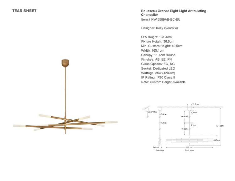 Picture of Rousseau Grande Eight Light Articulating Chandelier in Antique-Burnished Brass with Etched Crystal